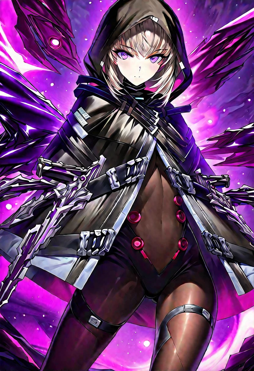 hood, jacket, body suit, black clothes, black wear, tights, weapon, cowboy shot, blue and purple eyes, perfect eyes, beautiful face, masterpiece, super fine illustration, ultra high res, masterwork, best quality, cg unity 8k wallpaper, official art, ultra detailed,