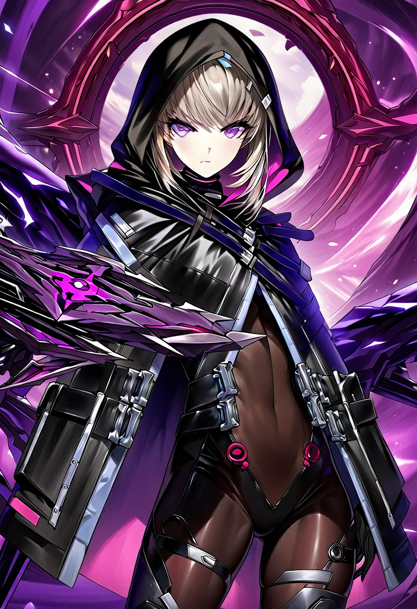 hood, jacket, body suit, black clothes, black wear, tights, weapon, cowboy shot, blue and purple eyes, perfect eyes, beautiful face, masterpiece, super fine illustration, ultra high res, masterwork, best quality, cg unity 8k wallpaper, official art, ultra detailed,