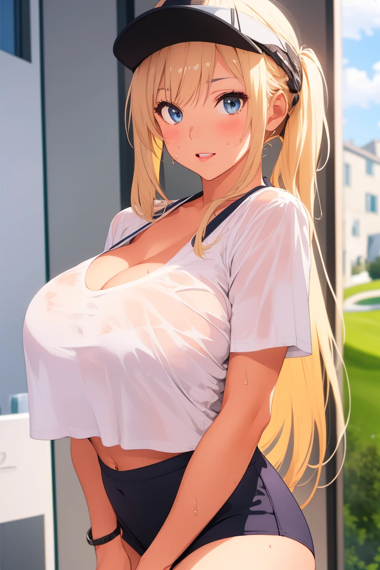 visual anime of a cute girl, best anime girl, Ecchi anime style, seductive lady, Big ,two blonde tails,detailed eyes and face,detailed lips,Beautiful detailed eyes,with white visor cap,White mini skirt,she wearing a white t-shirt,She is wearing a short-sleeved T-shirt with a low neckline and a black bra.., black panties, wet clothes,  playing golf in a seductive pose.
