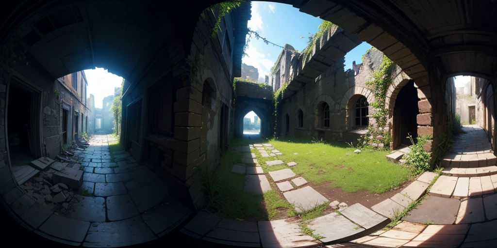 Equirectangular 360-degree panorama view photo with left and right ends seamlessly connected. first person, ((darkness)), fantasy, in a ruined castle