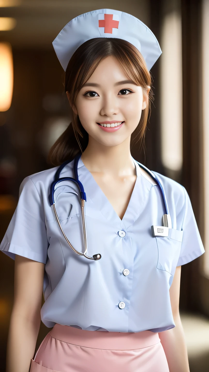 (Ulzzang-6500-v1.1, masterpiece, highest quality:1.3, ultra-detailed 8k:1.2, hyperrealistic:1.35, raw photo:1.2, highest quality, high resolution, wallpaper, realistic, dramatic, realistic painting art by midjourney:1.3, 1 nurse, 28yo, pink nurse uniform, basic nurse cap, short white tight skirt:1.3, super beautiful, beautiful skin, dimples, beautiful and detailed eyes, detailed face, symmatrical face, perfect style, resting in a hospital, cowboy_shot, ample bosom, very detailed face, stethoscope, double eyelid, snaggle-tooth, brown eyes, short ponytail hair, chest strengthening, emphasize body line, friendly smile, beautiful lips, glossy lips, white teeth, bokeh background, perfect lighting, natural soft light)