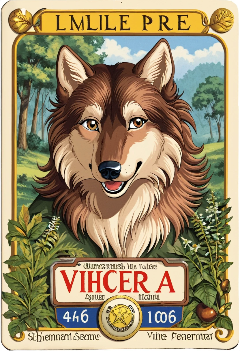 ephemera, label, retro, Vintage, stamp, A girl and a wolf meet in the forest,