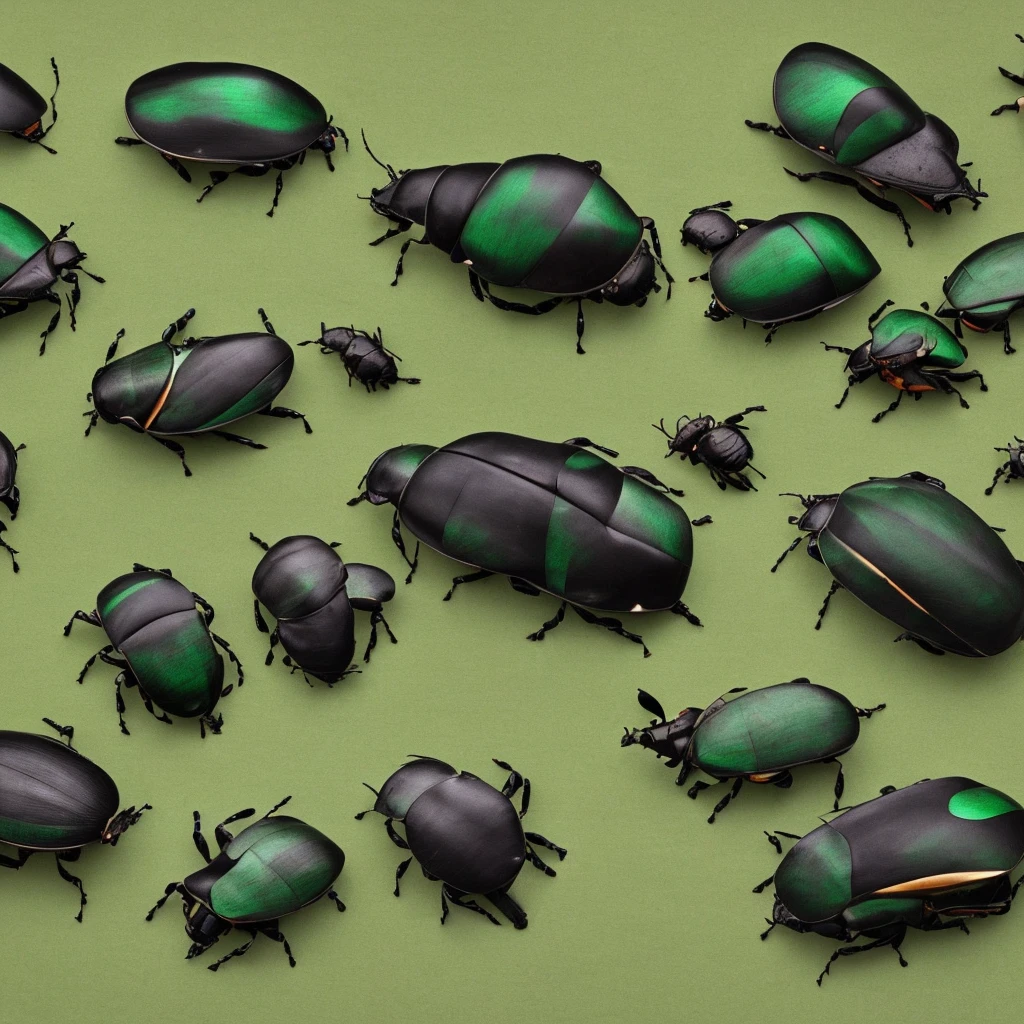 Beetles Group. Background. Black and green. Japanese rhinoceros beetle 