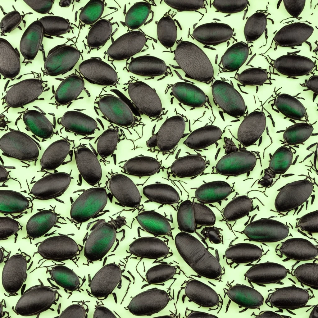 Beetles Group. Background. Black and green. Japanese rhinoceros beetle