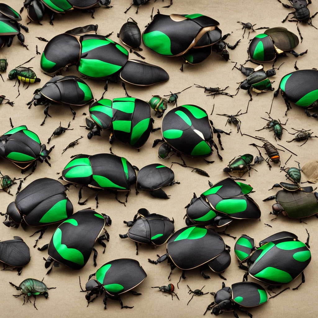 Beetles Group. Background. Black and green. Japanese rhinoceros beetle 