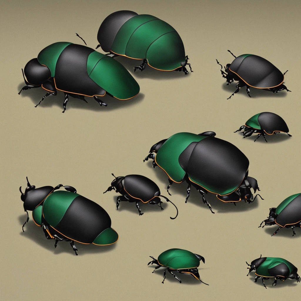 Beetles Group. Background. Black and green. Japanese rhinoceros beetle 