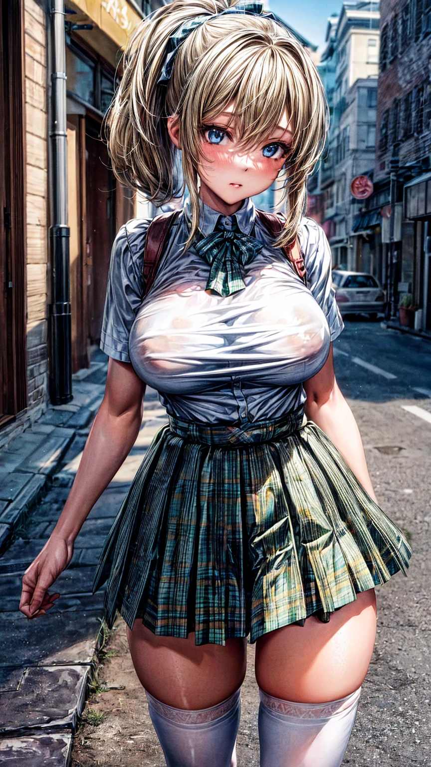 1girl,masterpiece,best quality,blonde hair,(ponytails),blue eyes,(white stockings),(green plaid skirt),short skirt,standing,in full length,medium breasts,white t shirt,in front of streets,extremely detailed,[[realistic]],beautiful alluring anime teen,seductive anime girl,waving skirt