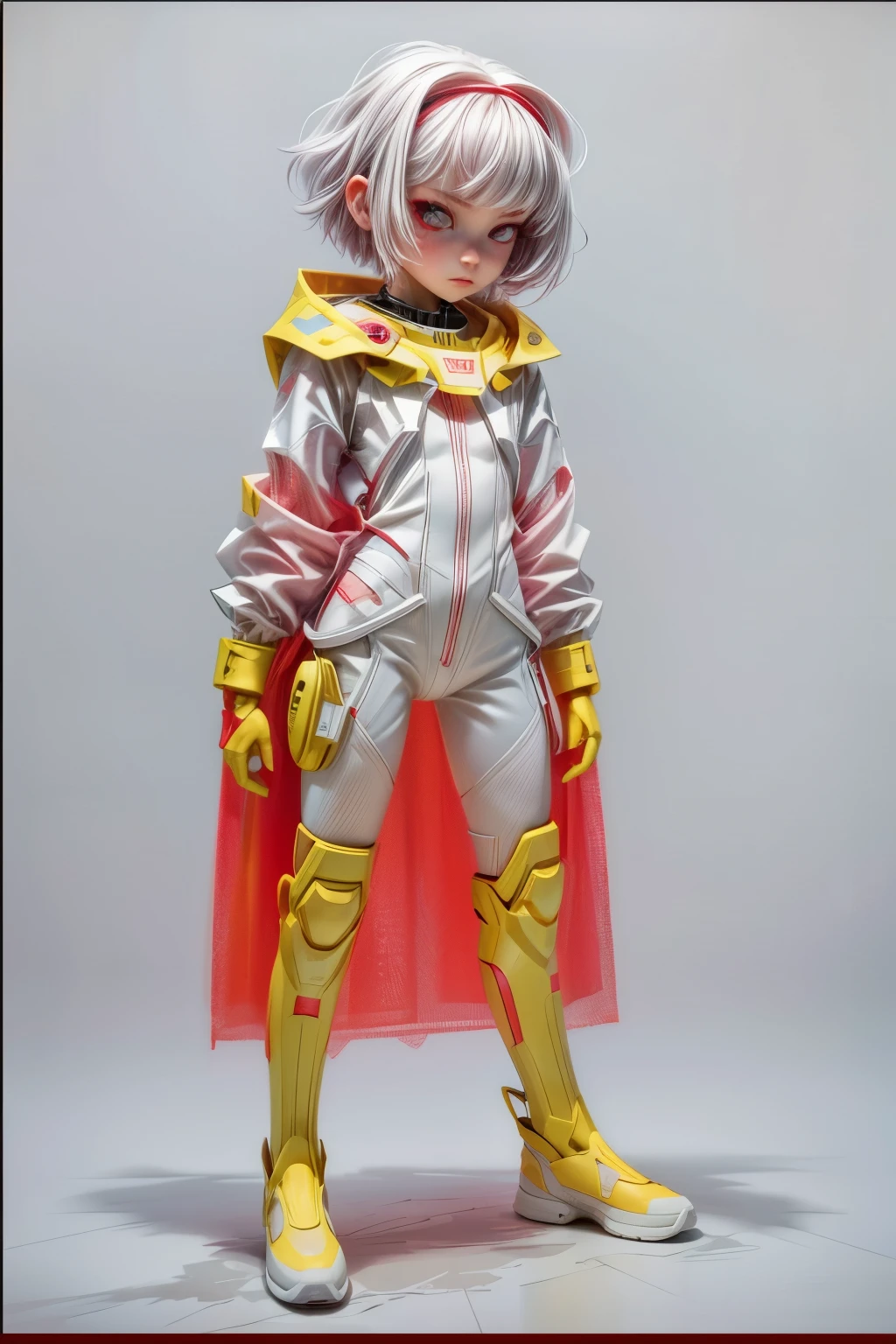 appearence a  girl,red eyes,albino,calm,quiet,cute,pretty,full body,looking ahead,short hair combed back,red outfit,black short,tied hair,spider verse suit,serious look,cyberpunk background 