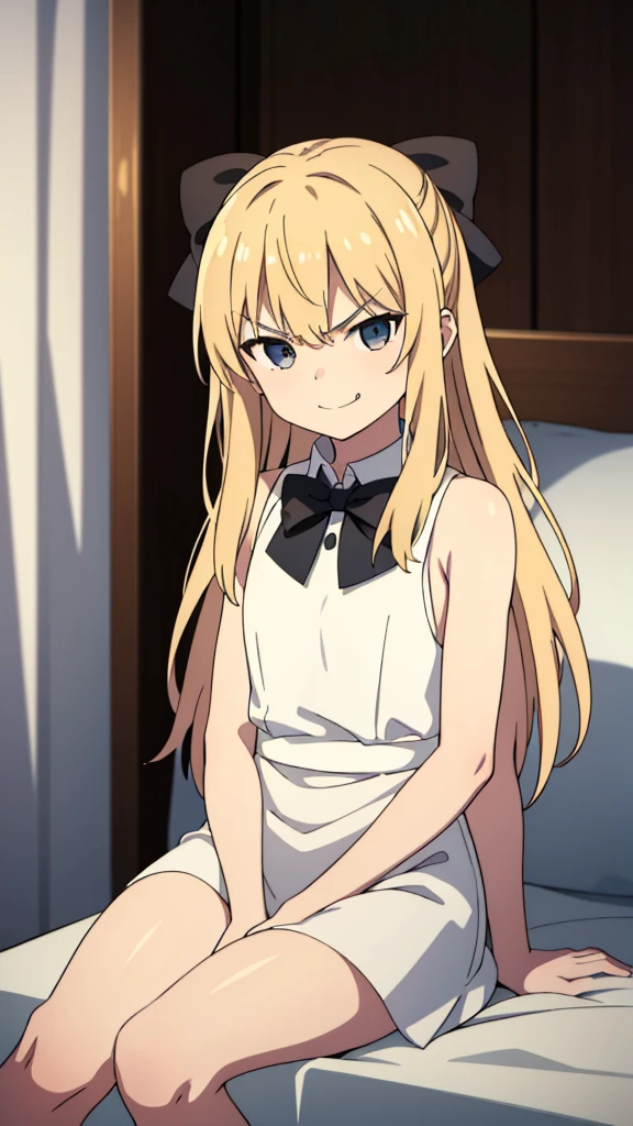 (1girl,),blonde hair,long hair,white dress, sleeveless,black bow tie, bare shoulders,smile,angry,looking at view,extra arms,sitting on a bed in a room