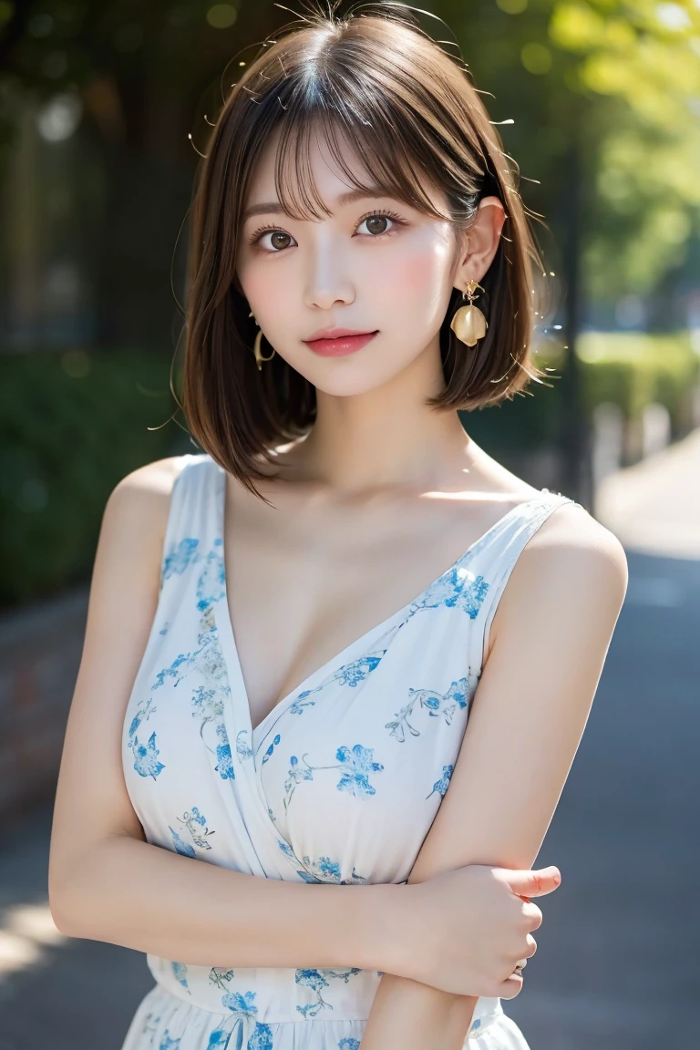 Create an image of a young woman named Tomo-chan in a summer setting. She is wearing a white sleeveless dress with light blue floral patterns. The dress is made of lightweight chiffon material and has a ribbon at the waist, highlighting her slender silhouette. Her hair is loosely curled and falls to her shoulders, framing her face gently. She is wearing simple gold earrings and a light pink lip gloss, adding to her fresh and feminine appearance. Focus on her beautiful upper arms, which are slender and toned, with smooth, glowing skin. Her arms move gracefully, and the sunlight makes the fine hairs on her arms sparkle. Capture her elegance and charm in this summery setting.