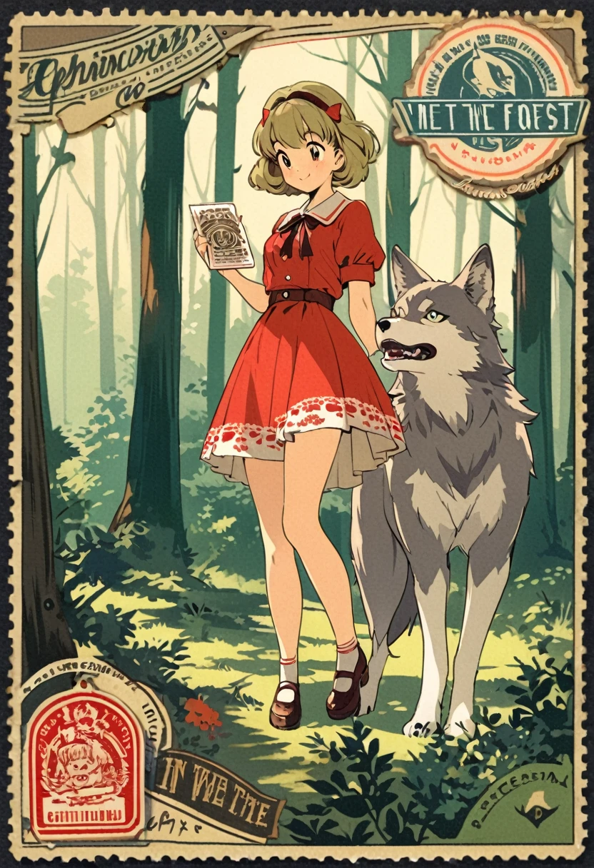 ephemera, label, retro, Vintage, stamp, A girl and a wolf meet in the forest,