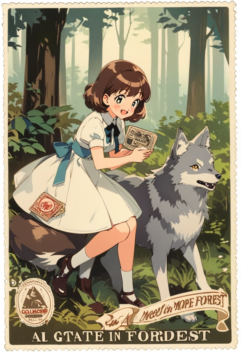 ephemera, label, retro, Vintage, stamp, A girl and a wolf meet in the forest,