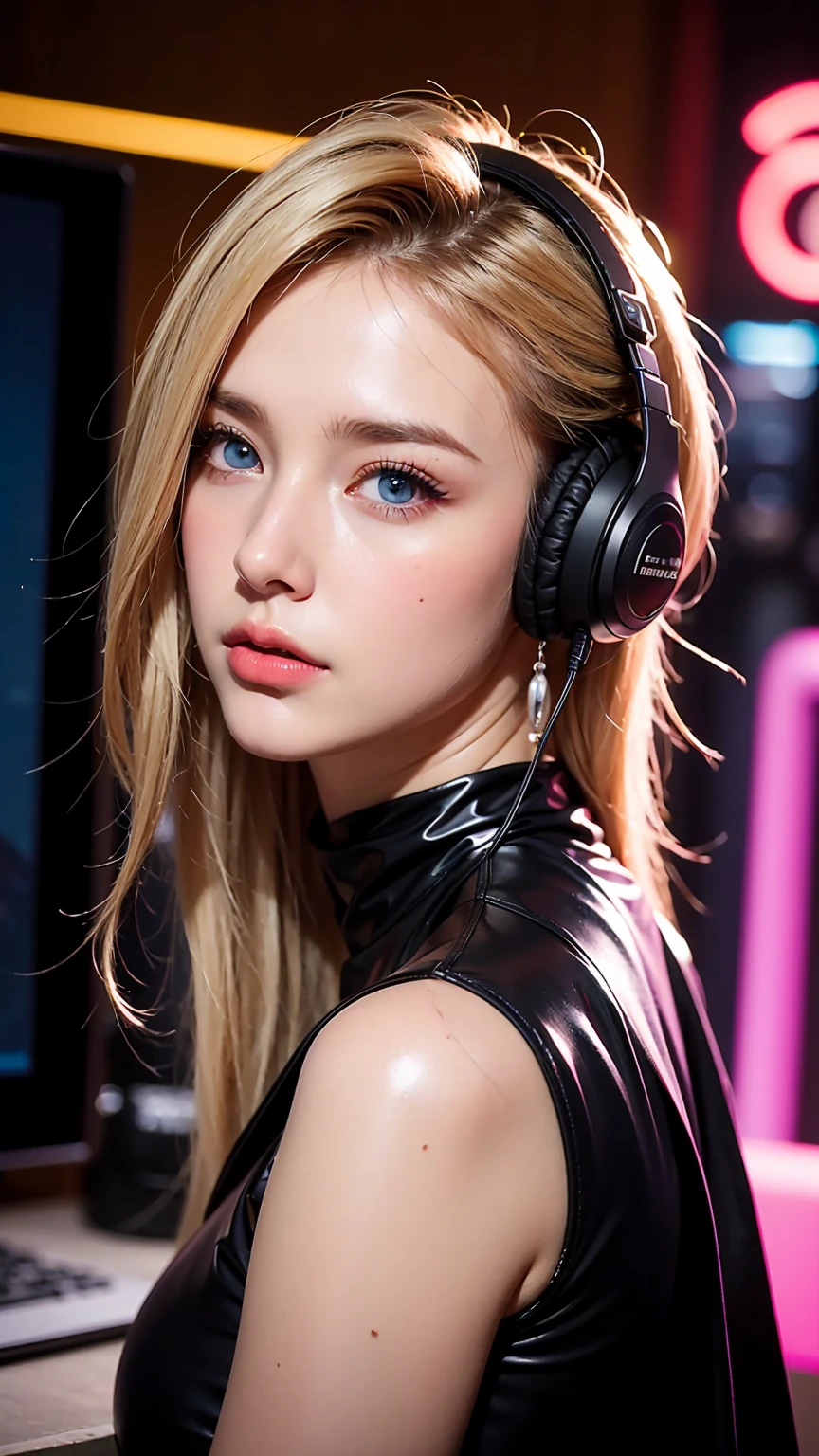 (Highest quality,4K,8k,High resolution,masterpiece:1.2),Very detailed,(Real Stick,Realistic,Realistic:1.37) woman europeen, woman, French, woman italienne, woman italienne, blonde et grands yeux, Natural Makeup, Subtle makeup, Large Breasts, , Gaming Room Background, Large Breasts, Big Ass, blonde, shy, Great body, Collier, Earrings, Home, jewelry, , blue eyes,in the gaming room, Room with neon lights, pink headphones, blue eyes, blue eyes, Latex Noir, gant Latex Noir