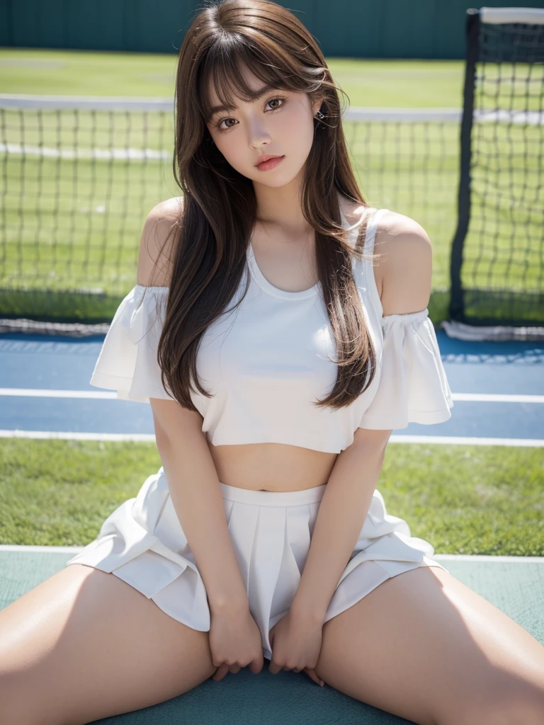 White tennis wear, tennis racket, Tennis ball, Tennis court, (Highest quality) , ((Very detailed)) , 4K , (8k) , masterpiece, Very detailedな, Highest quality, Super Resolution, 1 person, Crying a little, Soft Light, RAW quality, Soft Skin, 152cm , 20-year-old girl, Cute type, Big Natural Color Lip, Positive, Spread your legs， (Provocative dynamic pose) , (Perfect figure)Beautiful feet, Voluptuous thighs, Soft long hair, bangs, Brown Hair, 1 personの女の子, Highest Resolution, Big and cute eyes, A clear double, White pleated micro mini skirt, Voluptuous thighs, Plump body, Huge breasts, (Expresses the roundness and softness of the chest area...1) , I&#39;m a little sweaty, I can see your pants, Skirt flip, Beautiful pussy line