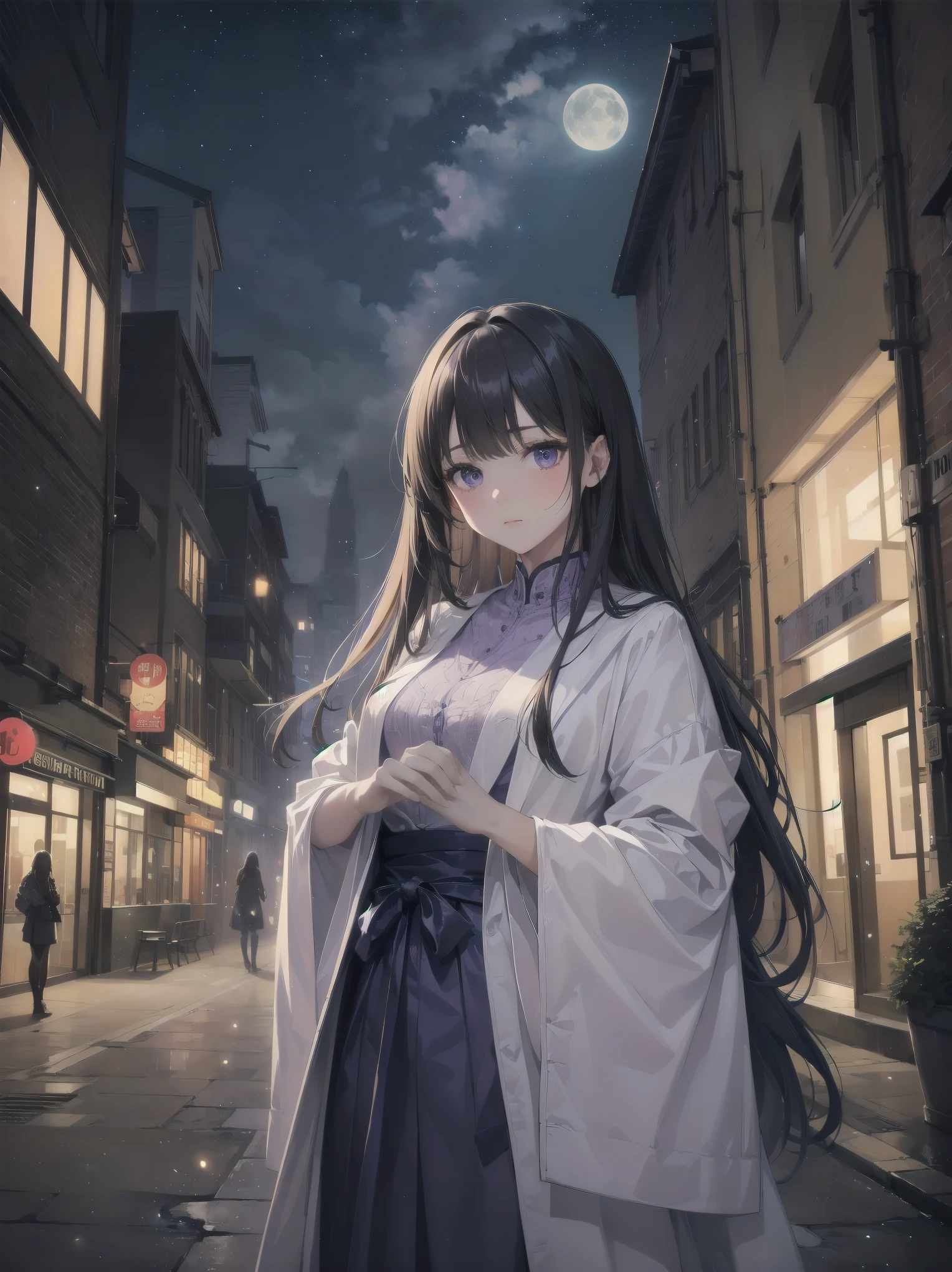 masterpiece, 8k, Highest quality, Very detailed, Purple & A beautiful girl in a blue magical robe with a moon motif、Close-up on the characters、(building, city、A dense fog of fluorescent particles、1800Era、Western style、Fiction、grow、Overwhelming、Detailed street)、A pretty woman with a beautiful background and a lovely pose