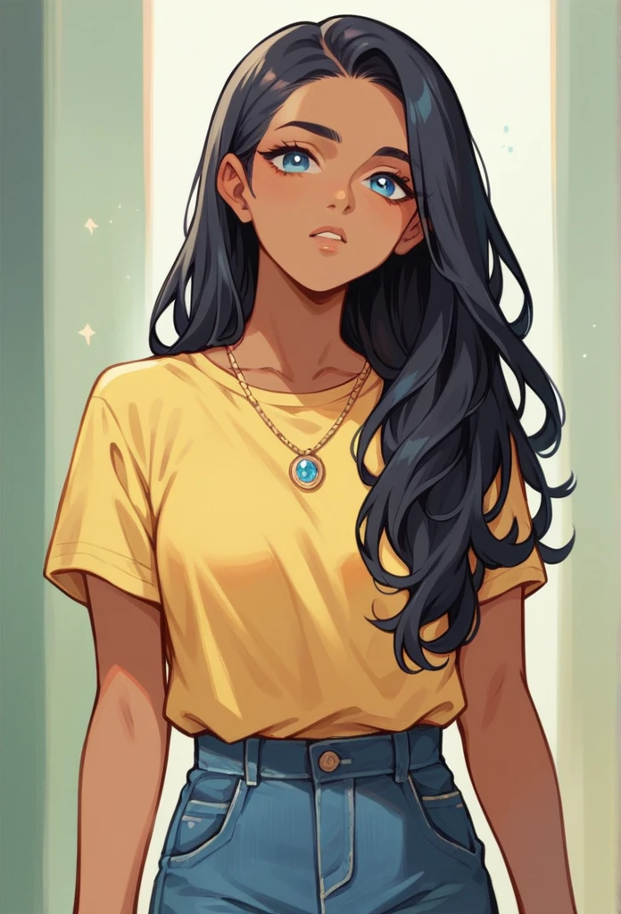 Dark skin young woman, blue clear eyes,  in a soft yellow shirt, long black hair, boho chic luxury home interior 