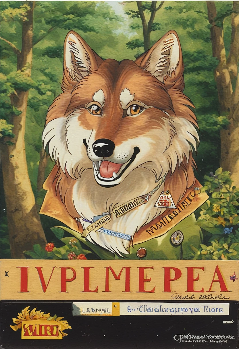 ephemera, label, retro, Vintage, stamp, A girl and a wolf meet in the forest,