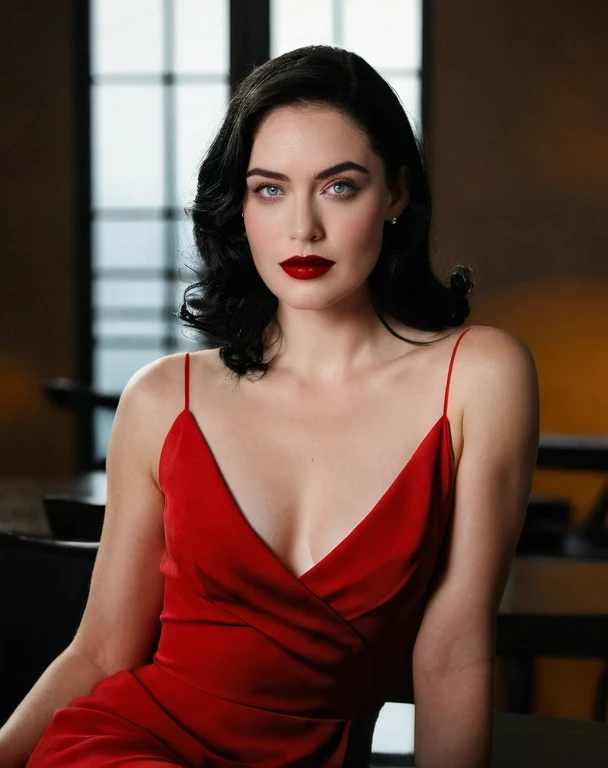 A dark black hair woman, extremely white with dark blue eyes, red lips, inspired by the actress Ellen Fanning, sitting at a meeting table as if she were the boss, she is wearing a red dress, black lipstick, beatiful girl
