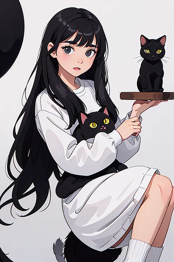 girl, cat, black hair, white background