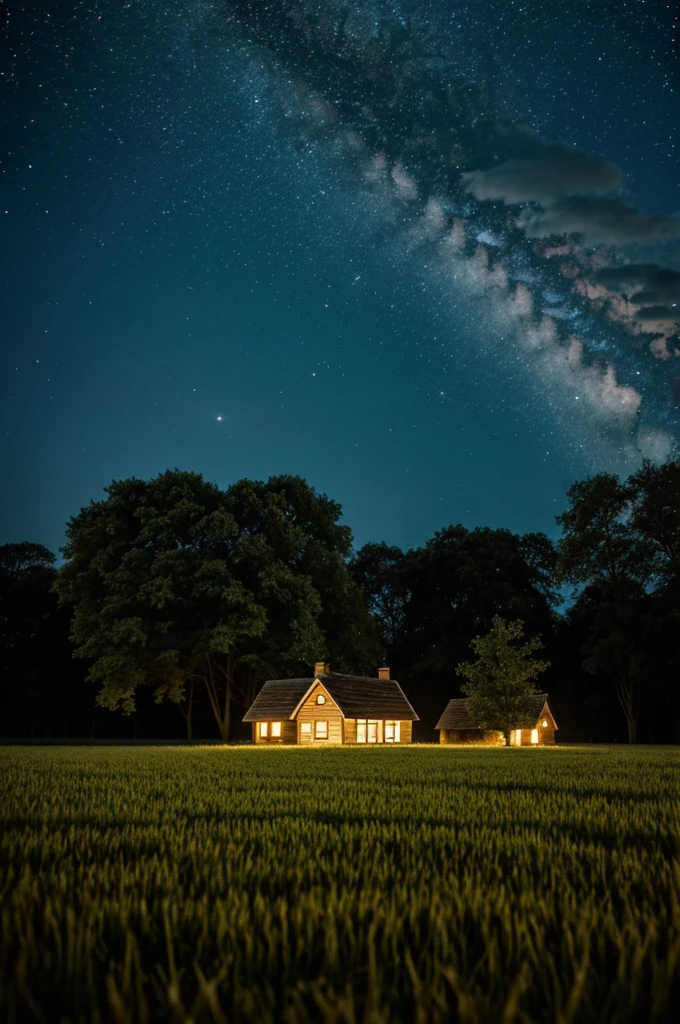 A house in a field, at night