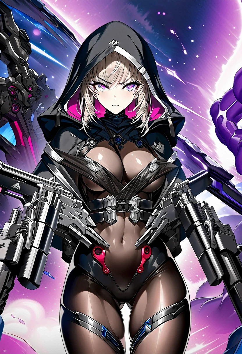 hood, jacket, body suit, black clothes, black wear, tights, weapon, cowboy shot, blue and purple eyes, perfect eyes, beautiful face, masterpiece, super fine illustration, ultra high res, masterwork, best quality, cg unity 8k wallpaper, official art, ultra detailed,