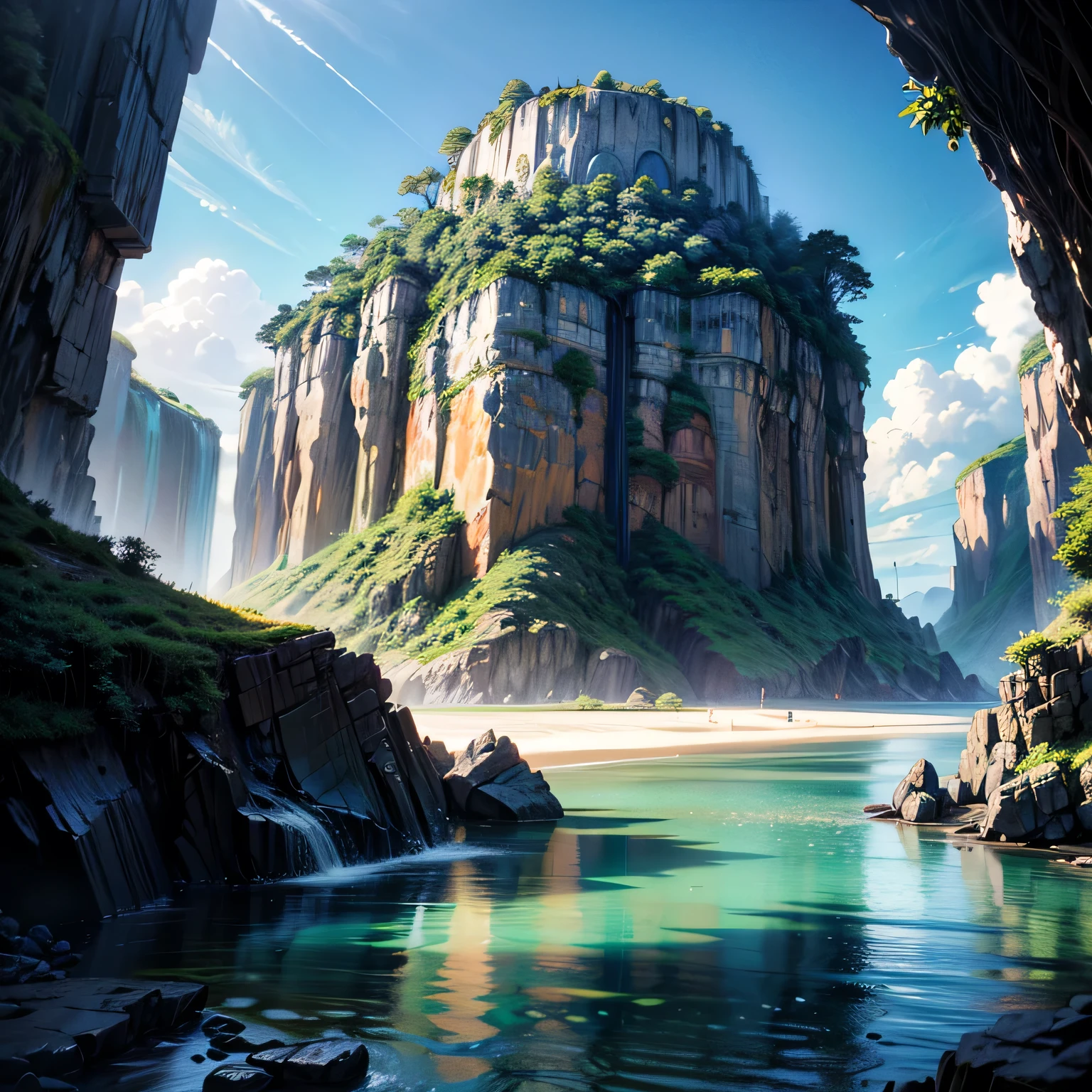 A highly detailed and realistic illustration of a surreal, fantastical deserted island landscape inspired by the adventure science fiction novel "The Mysterious Island" by Jules Verne, cinematic lighting, dramatic composition, lush tropical foliage, rugged cliffs, mysterious caves, pristine beaches, lagoons and waterfalls, vibrant colors, photorealistic rendering, 8k, best quality
