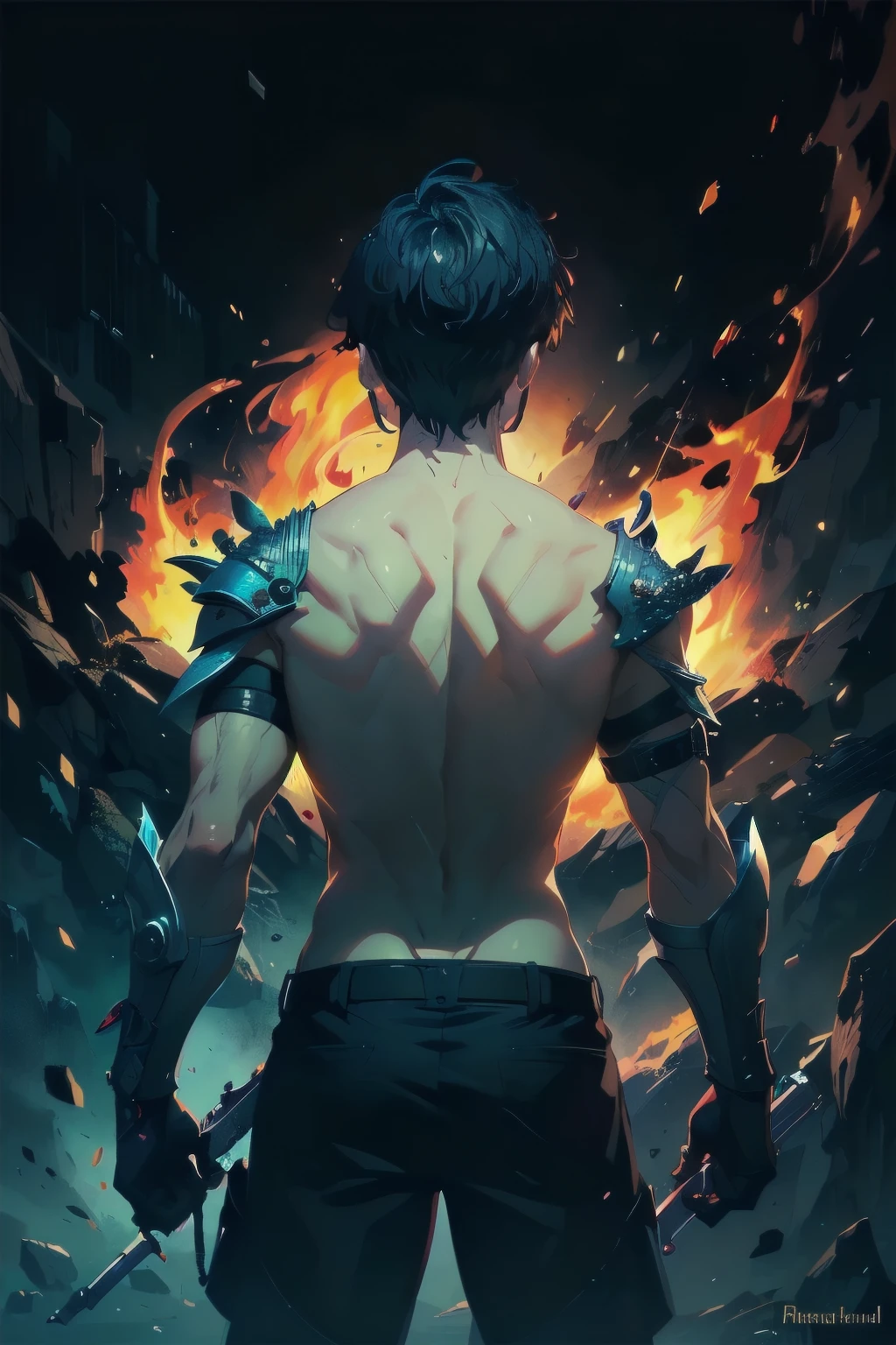 (absurdities, High Resolutions, ultra detailed, HDR), Masterpiece, The best quality, final fantasy xvi, clive rosfield, 1man only, handsome, short hair, black hair, vibrant blue eyes, fine eyes and detailed face, (((fire, llamas, To his back)) armor, ((Intricate weapon)). Final Fantasy, clive rosfield,, abs, badass pose, Anime boy with hands on head, Beautiful anime pose, Anime hombre handsome, anime male character, Badass Anime 8K, Detailed anime character art, HDR Anime MacManus Anime Concept, anime boy, Ikuto Yamashita, CG anime soft art, manga wallpaper 4k, inspired by Yamagata Hiro, anime wallaper