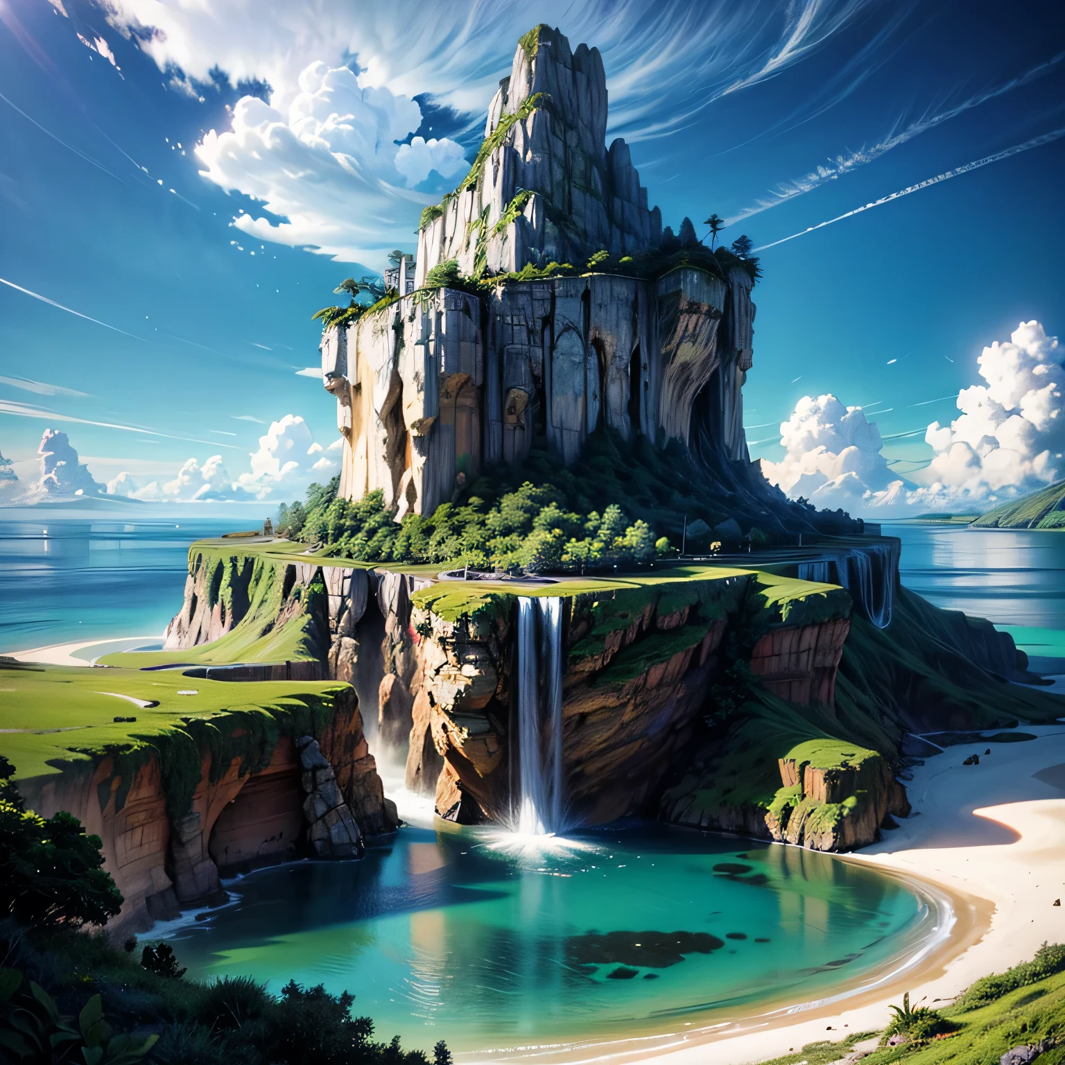 A highly detailed and realistic illustration of a surreal, fantastical deserted island landscape inspired by the adventure science fiction novel "The Mysterious Island" by Jules Verne, cinematic lighting, dramatic composition, lush tropical foliage, rugged cliffs, mysterious caves, pristine beaches, lagoons and waterfalls, vibrant colors, photorealistic rendering, 8k, best quality