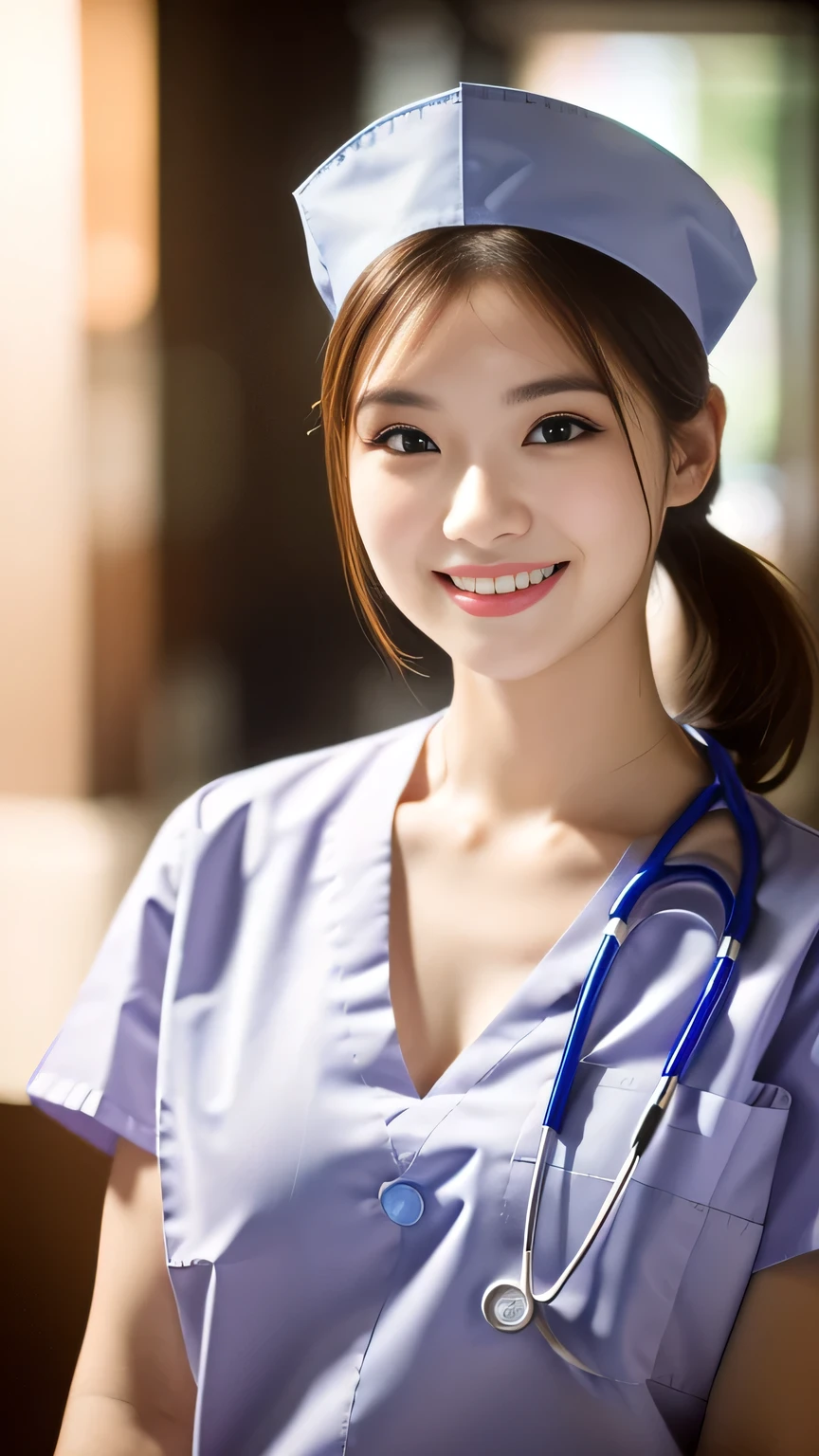 (Ulzzang-6500-v1.1, masterpiece, highest quality:1.3, ultra-detailed 8k:1.2, hyperrealistic:1.35, raw photo:1.2, highest quality, high resolution, wallpaper, realistic, dramatic, realistic painting art by midjourney:1.3, 1 nurse, 28yo, pink nurse uniform, basic nurse cap, short white tight skirt:1.3, super beautiful, beautiful skin, dimples, beautiful and detailed eyes, detailed face, symmatrical face, perfect style, resting in a hospital, cowboy_shot, ample bosom, very detailed face, stethoscope, double eyelid, snaggle-tooth, brown eyes, short ponytail hair, chest strengthening, emphasize body line, friendly smile, beautiful lips, glossy lips, white teeth, bokeh background, perfect lighting, natural soft light)