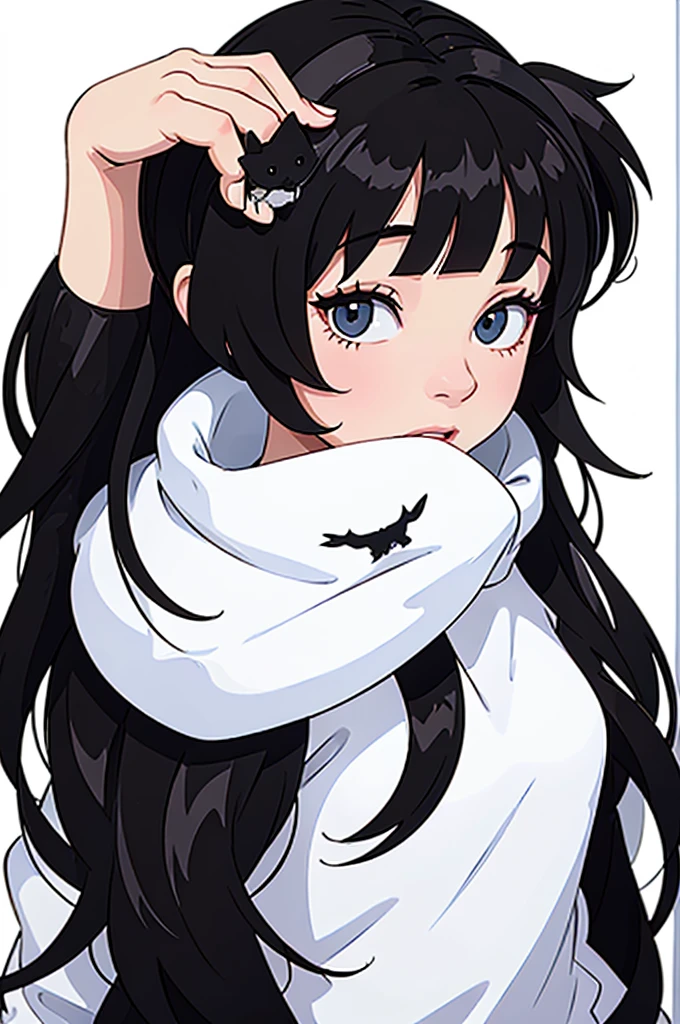 1 girl, 1 cat, black hair, white background