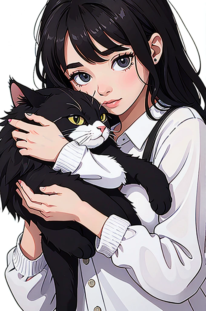 1 girl, 1 cat, black hair, white background