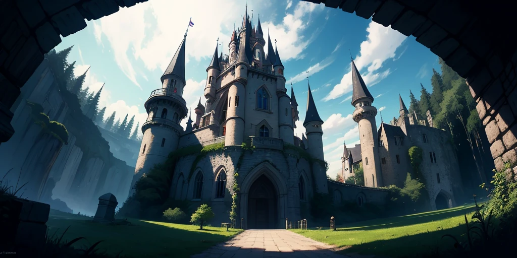 Equirectangular 360-degree panorama view photo with left and right ends seamlessly connected. first person, ((darkness)), fantasy, in a wasted castle
