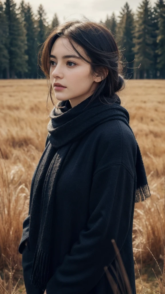 8k, best quality, masterpiece, realistic, ultra detail, photo realistic, Increase quality, 
a photo of a girl standing in a field with a scarf, in the style of dark and brooding designer, voluminous mass, photobash, serene faces, jagged edges, navy, natural beauty, close-up shot
