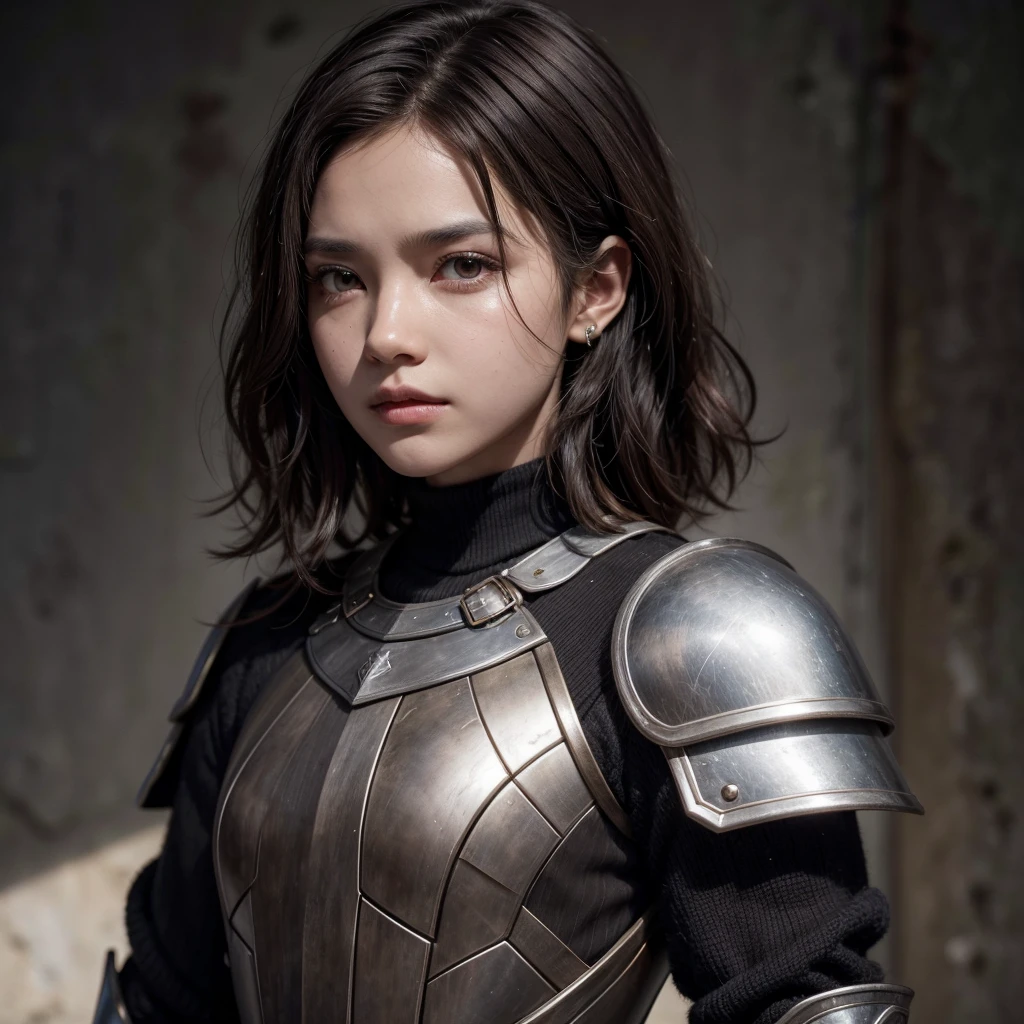 Eleven, Woman, black skin color, short brown wavy hair, dark brown eye, dressed in armor, pointy ear