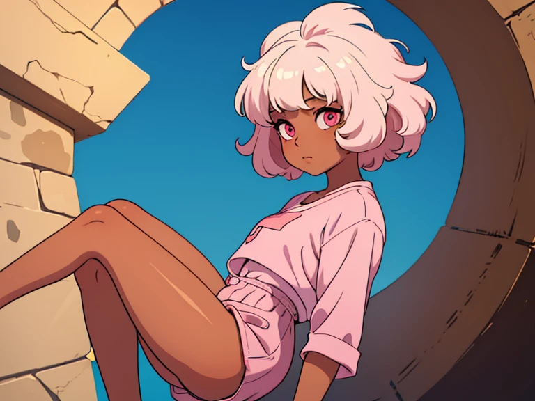 1 girl, tan skin, brown skin, pink eyes, white hair, curly hair, short hair, dark blue outfit, flat art style