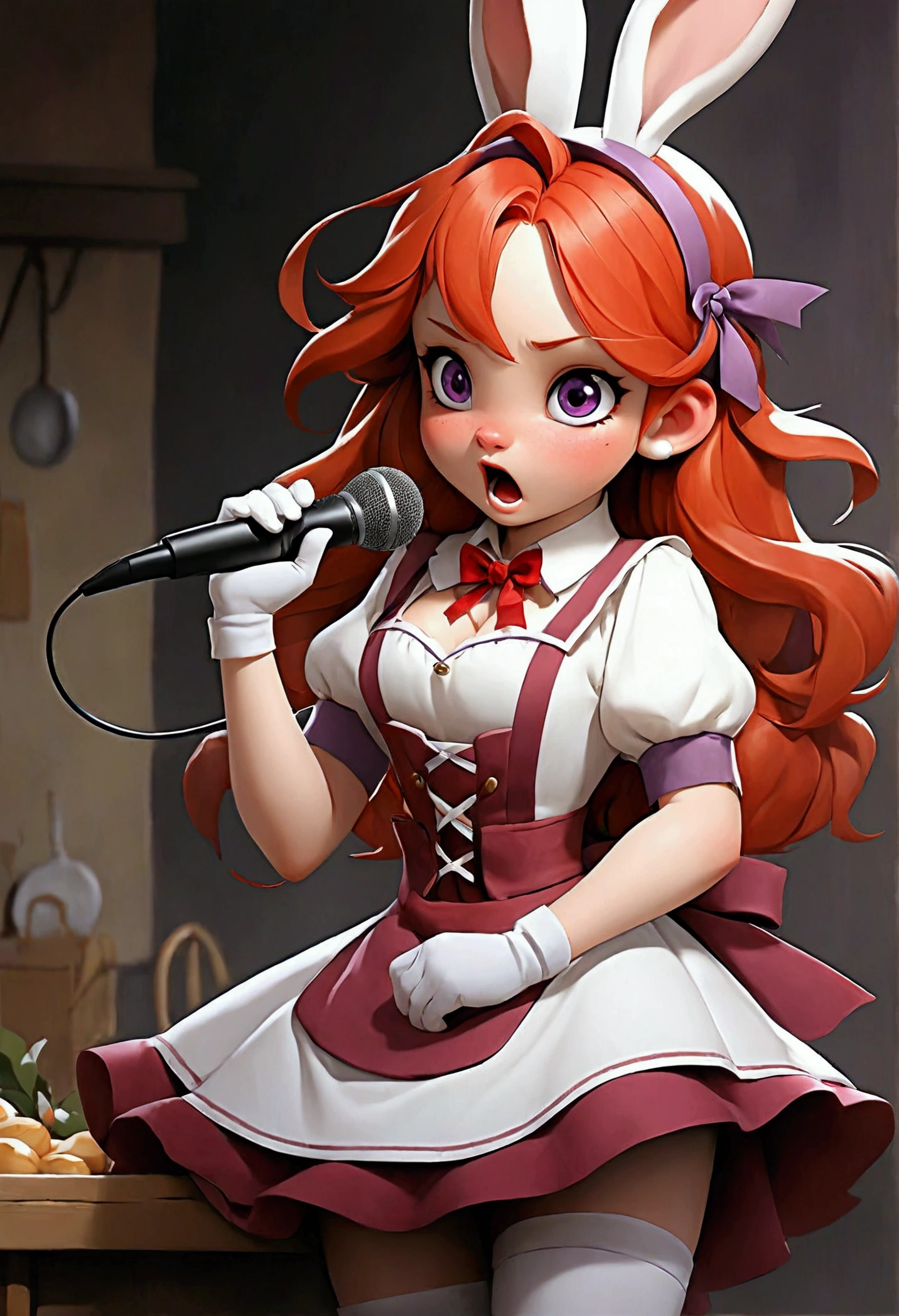 no way, Highest quality, 1 girl, Lonely, Redhead, Purple eyes, Long Hair, Big Target, Ah Rabbit, Bunny ears, Red Corset, Sherland, apron, Red neck ribbon, Red Skirt, hairpin, Short sleeve, Wrist Sleeve, White thighs, Jingle bell Singing with a microphone