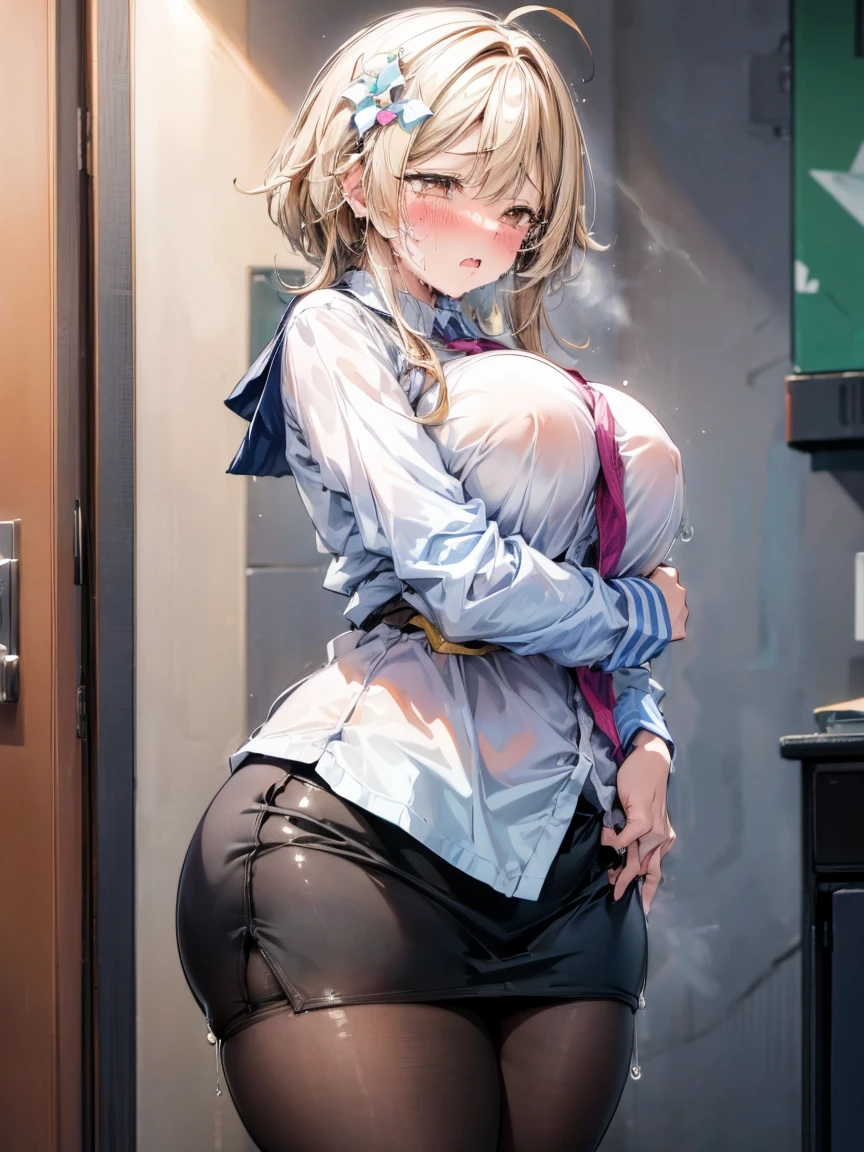 (One , A fat middle-aged man:1.2), 破れたpantyhose, pantyhose, White shirt, Pencil Skirt, blush, French kiss, hug, Big Breasts, office, Very detailed, High resolution, 4K, masterpiece, High resolution、(tears:1.4)、