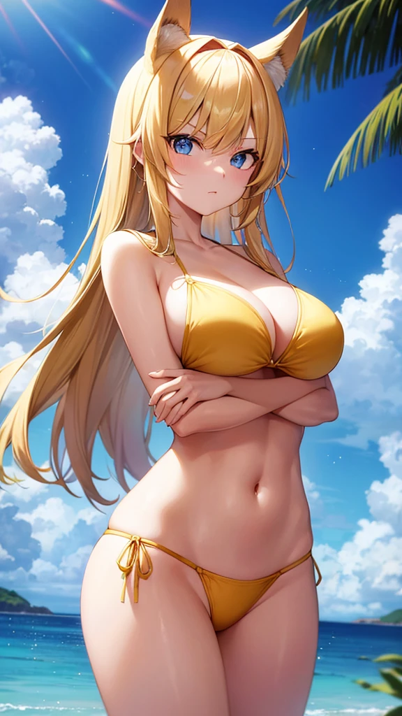Blonde hair, hime cut, flat bangs, blue eyes, hair band, rich, large breasts, annoyed, arms crossed, cleavage, glitter, yellow bikini, string bikini, long hair, princess hair, jewelry, bangle, arm band, sunlight, beach, cowboy shot, sand, ultra-detailed, absurdres, unreal engine, masterpiece, best quality, beautiful eyes, volumetric lighting, silky_hair), best quality, ultra-detailed, solo, looking at viewer, highres, 8k wallpaper, extremely detailed, smooth lighting, 8k, depth of field, undefined,