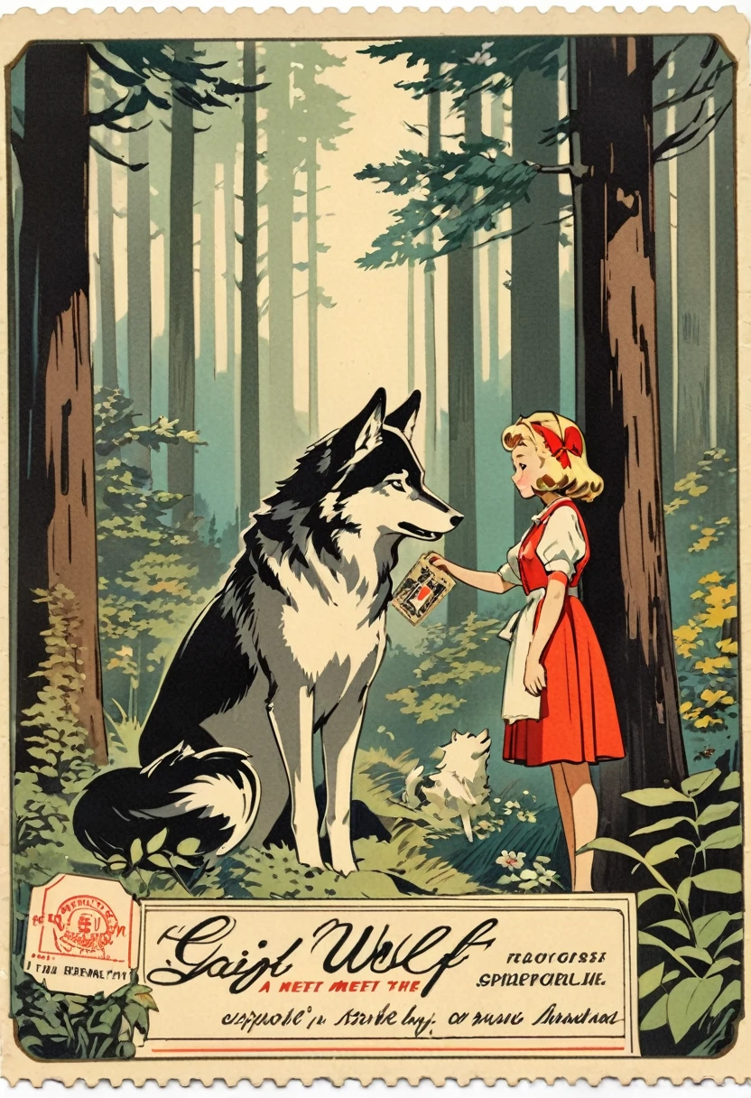 ephemera, label, retro, Vintage, stamp, A girl and a wolf meet in the forest,