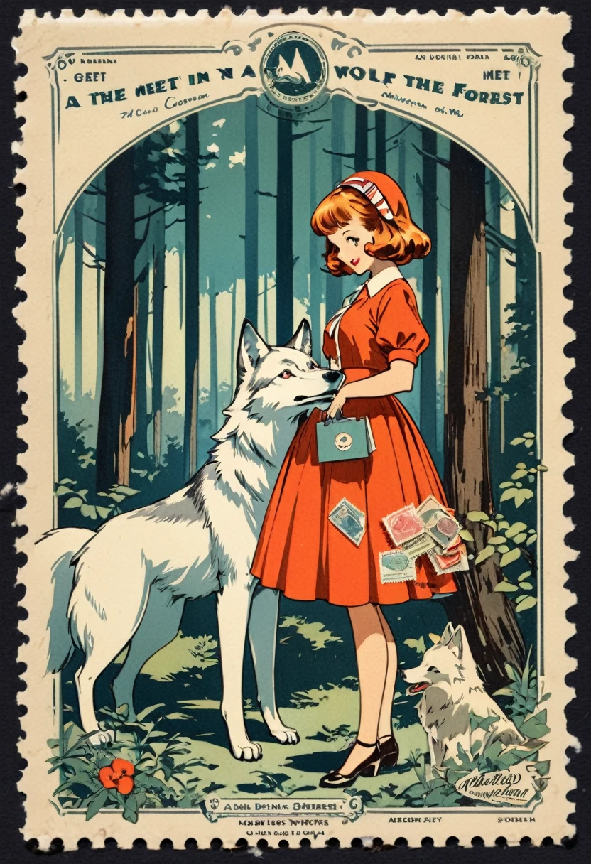 ephemera, label, retro, Vintage, stamp, A girl and a wolf meet in the forest,