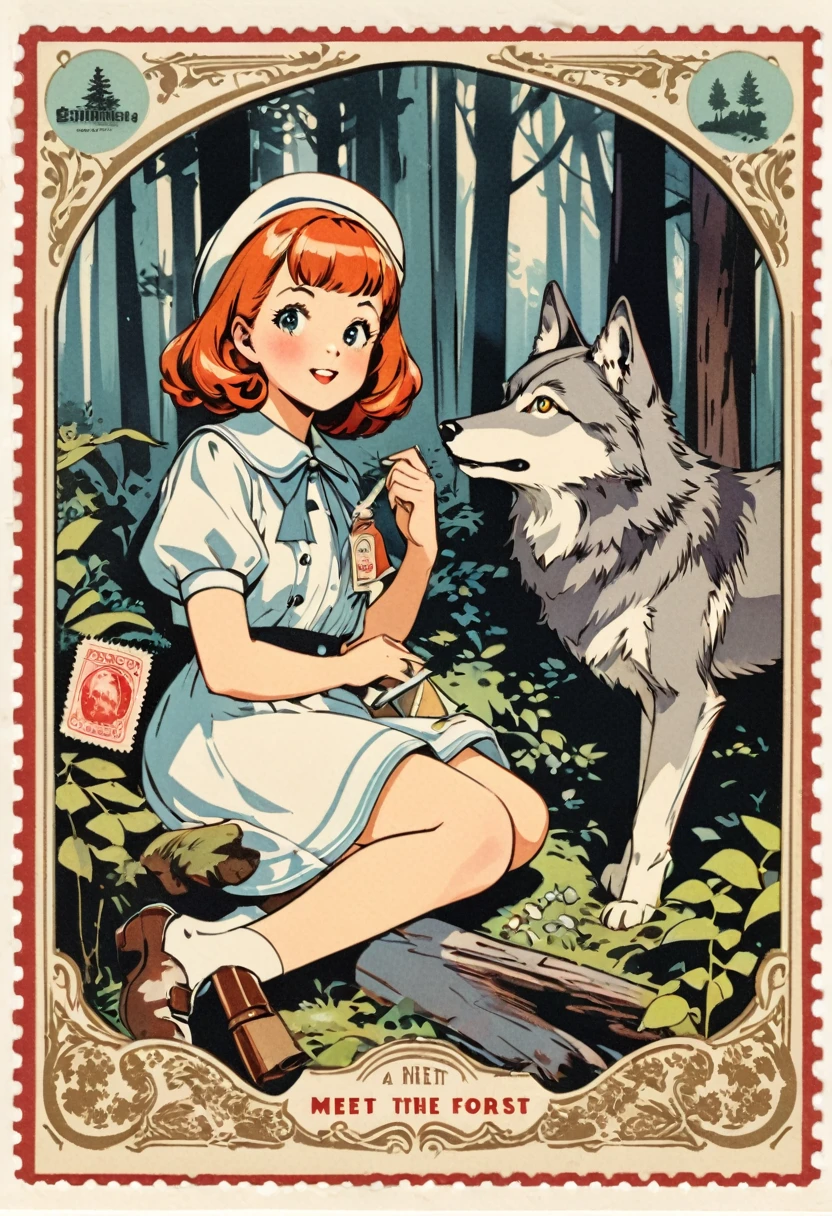 ephemera, label, retro, Vintage, stamp, A girl and a wolf meet in the forest,