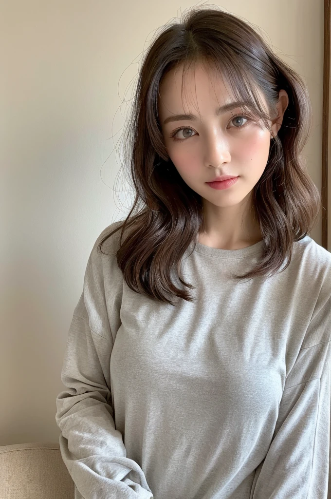 ((Highest quality, 8k, masterpiece :1.3)), One girl, Beautiful woman with slim abdominal muscles :1.3, (Random Hairstyles, Huge breasts :1.2), Casual clothing :1.2, indoor, Highly detailed face, Fine grain, double eyelid、Japanese women