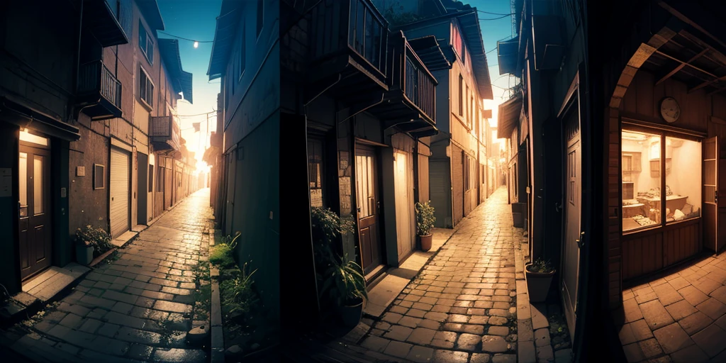 Equirectangular 360-degree panorama view photo with left and right ends seamlessly connected. first person, ((darkness)), fantasy, Alley