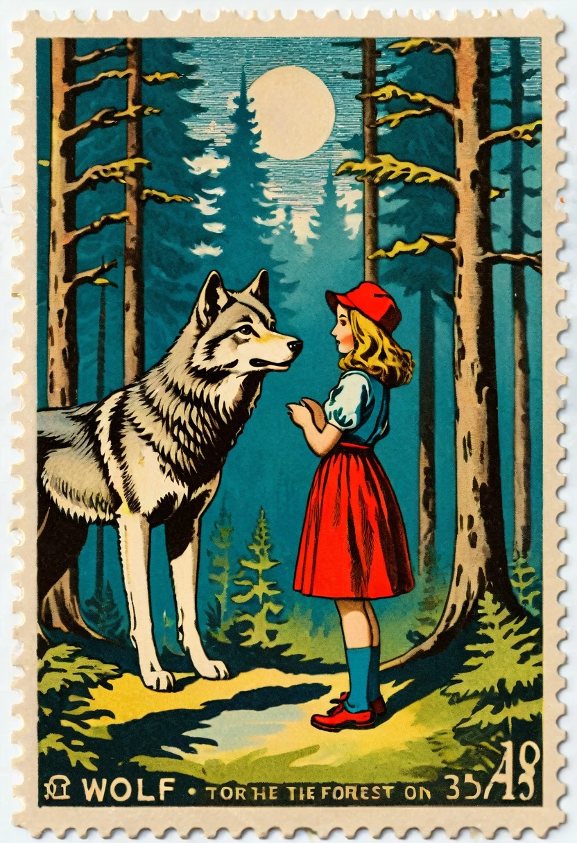 ephemera, label, retro, Vintage, stamp, A girl and a wolf meet in the forest,