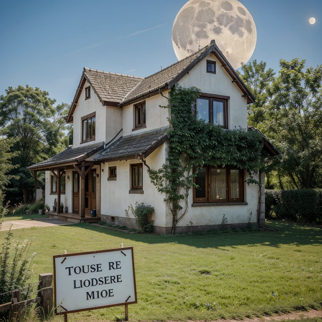 A house in the countryside, with a sign that says "the moon" 