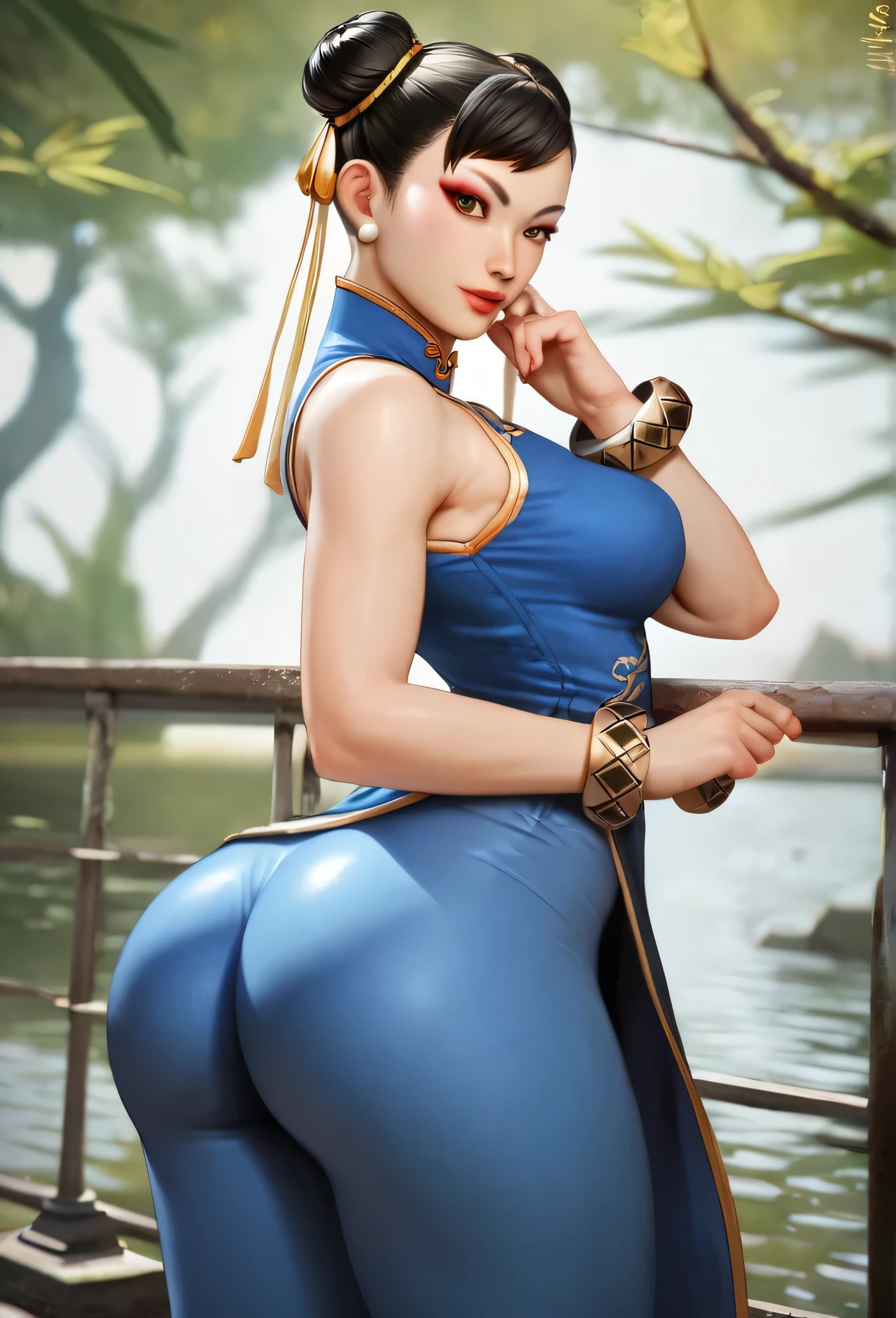 score_9, score_8_up, score_7_up, BREAK, score_9, chunliSDXL, 1girl, solo, breasts, looking at viewer, black hair, dress, brown eyes, jewelry, earrings, pants, hair bun, black footwear, bracelet, double bun, makeup, chinese clothes, china dress, blue pants, tight, leggings, tight pants, flats, cowboy shot, protruding ass, perfect shaped ass detailed