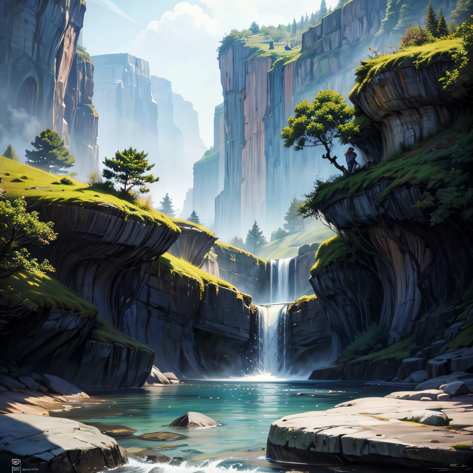 A highly detailed and realistic illustration of a surreal, fantastical deserted island landscape inspired by the adventure science fiction novel "The Mysterious Island" by Jules Verne, cinematic lighting, dramatic composition, lush tropical foliage, rugged cliffs, mysterious caves, pristine beaches, lagoons and waterfalls, vibrant colors, photorealistic rendering, 8k, best quality