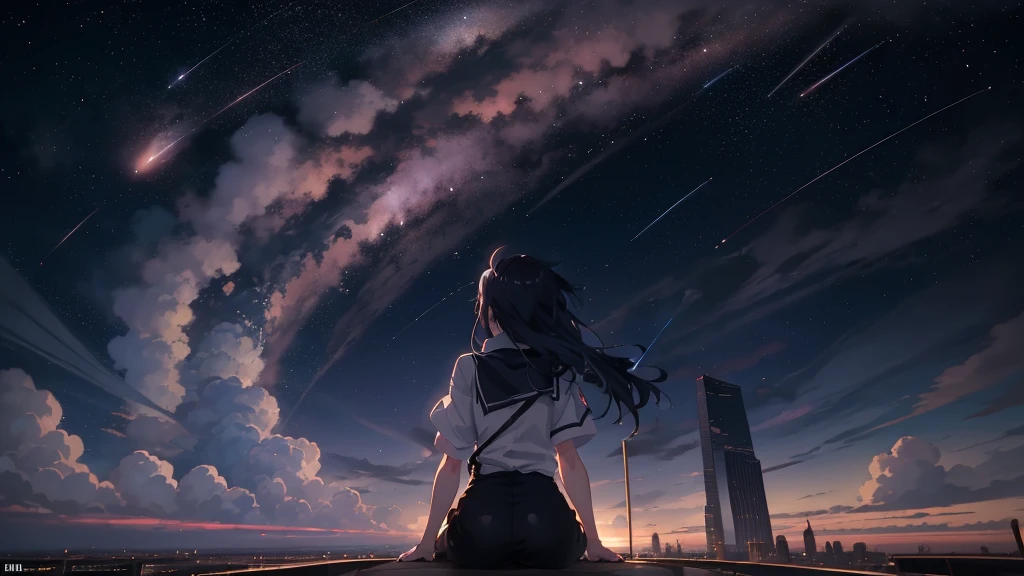 Vast landscape photography, Girl Standing On The Street, Huge building, In the heart of the city, In the heart of downtown, Skyrise, Look up at the sky, shooting star, fire Fly, dream, Makoto Shinkai Cyril Rolland, Space Sky. by makoto shinkai, 4k anime wallpaper, anime wallpaper 4k, anime wallpaper 4k, anime art wallpaper 4k, anime art wallpaper 4k, Sitting on a cloud in space, Anime Art Wallpapers 8K