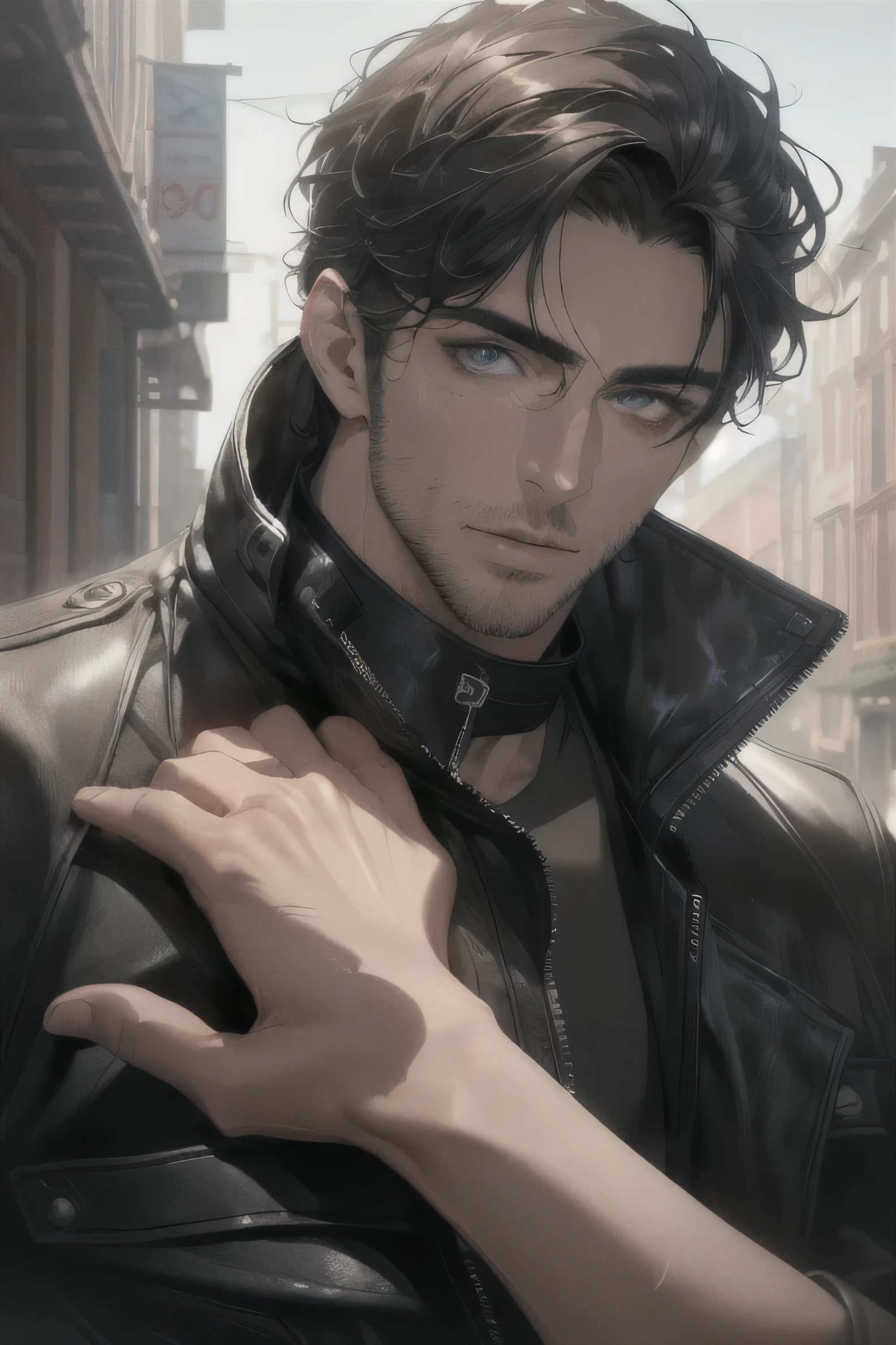 (Best Quality,4k,8k,high resolution,Masterpiece:1.2),ultra detailed,(realist,photorealist,photo-realist:1.37),1 man,31 years,mature man,very handsome,without expresion,short gray black hair,athletic body,Blue eyes,glare,perfect face without mistakes,imposing posture,leather jacket,collar jacket,dark alley background,cinematic lighting,imagen HDR