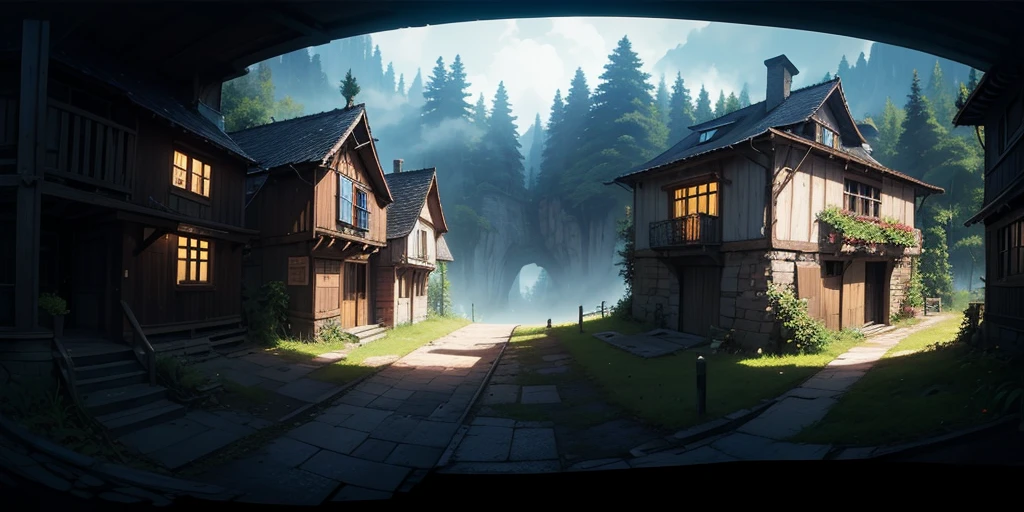Equirectangular 360-degree panorama view photo with left and right ends seamlessly connected. first person, ((darkness)), fantasy, in a village
